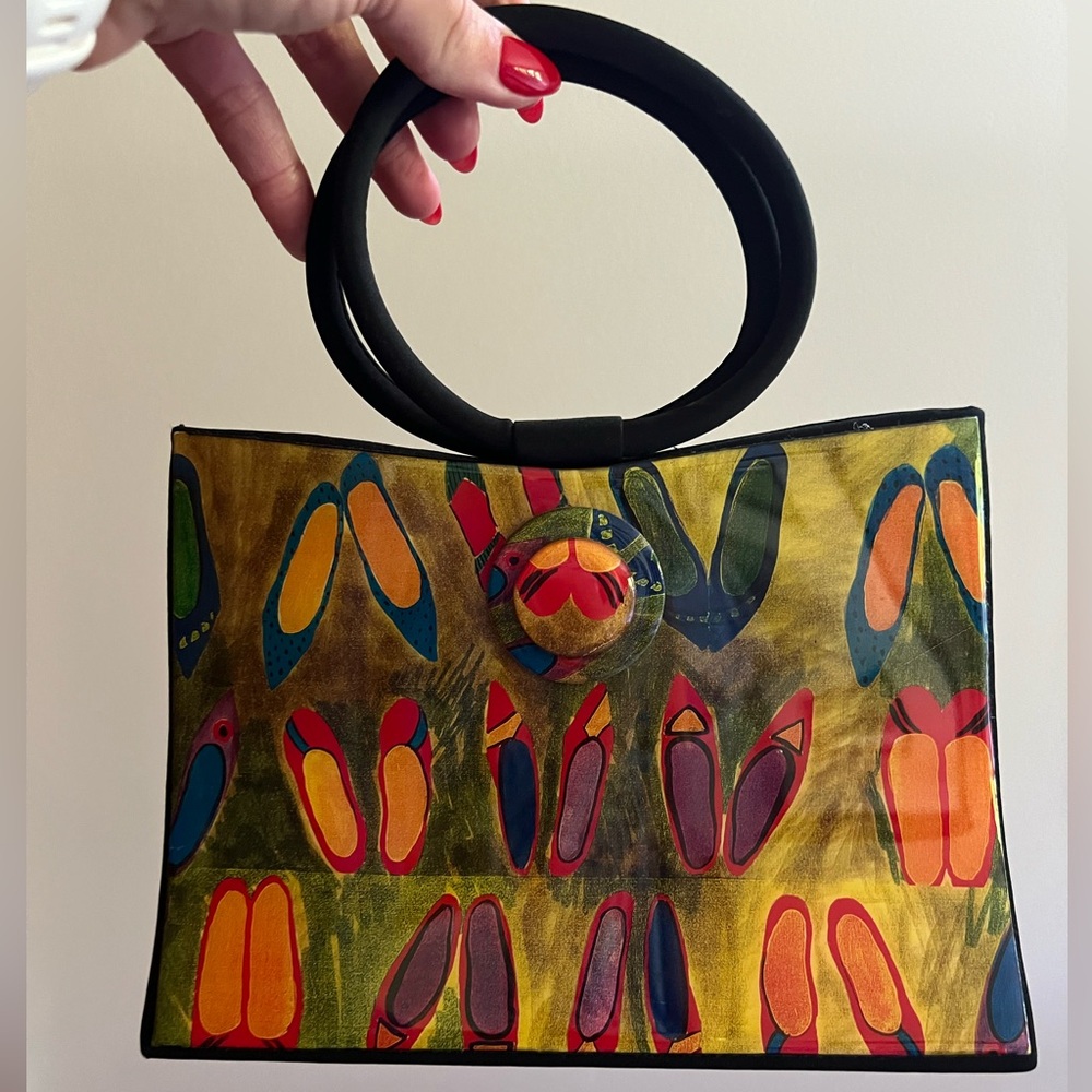 Angela Frascone Vibrant Multicolor Clutch with Artistic Shoe Design